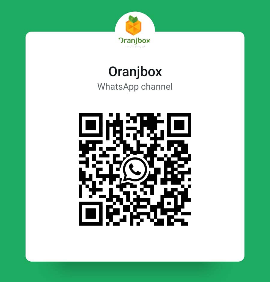 Oranjbox WhatsApp Channel QR code — scan to follow